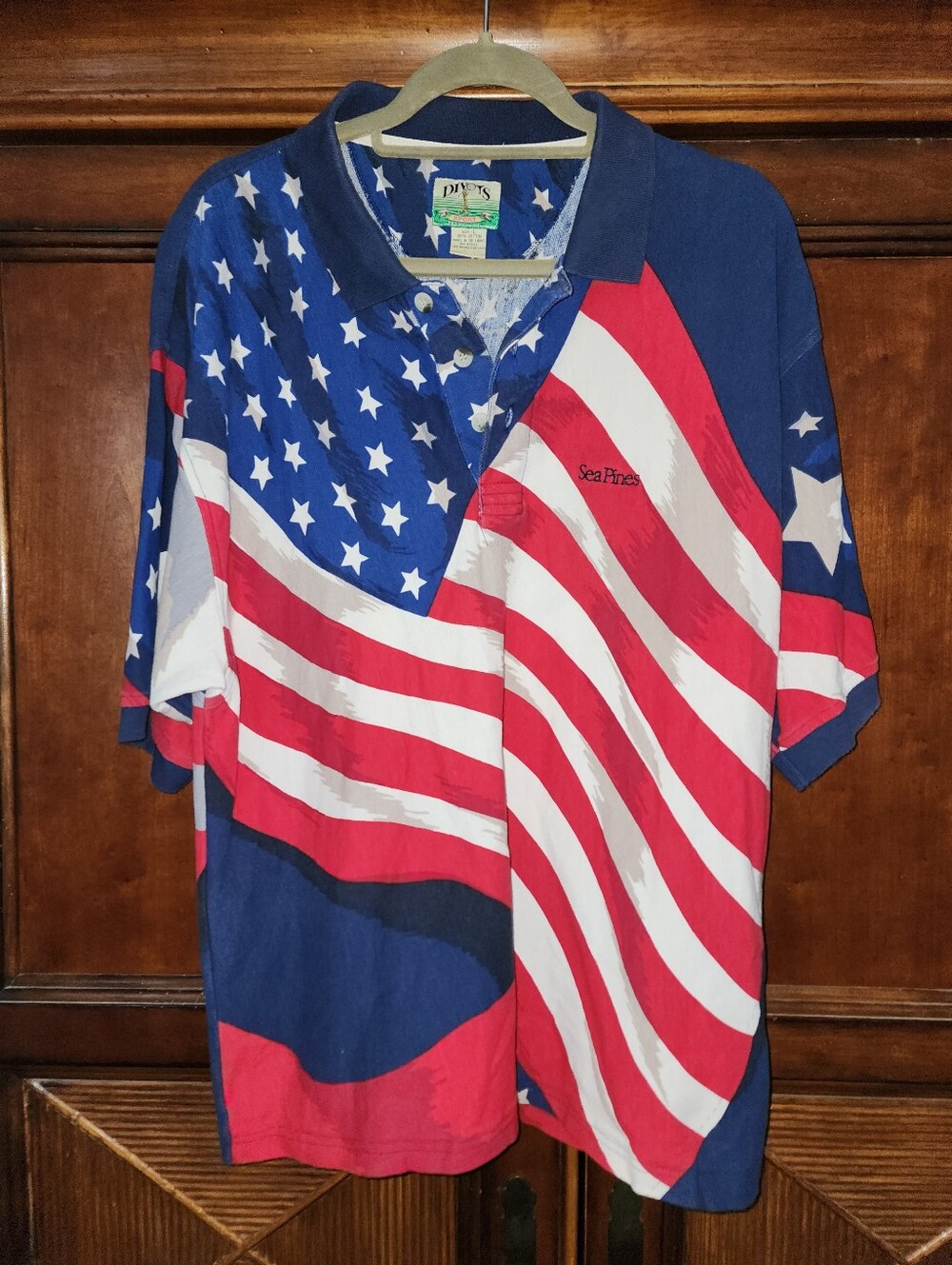 Vintage Divots Patriotic Flag Golf Polo Shirt - 100% Full Graphic Print Mens Lg